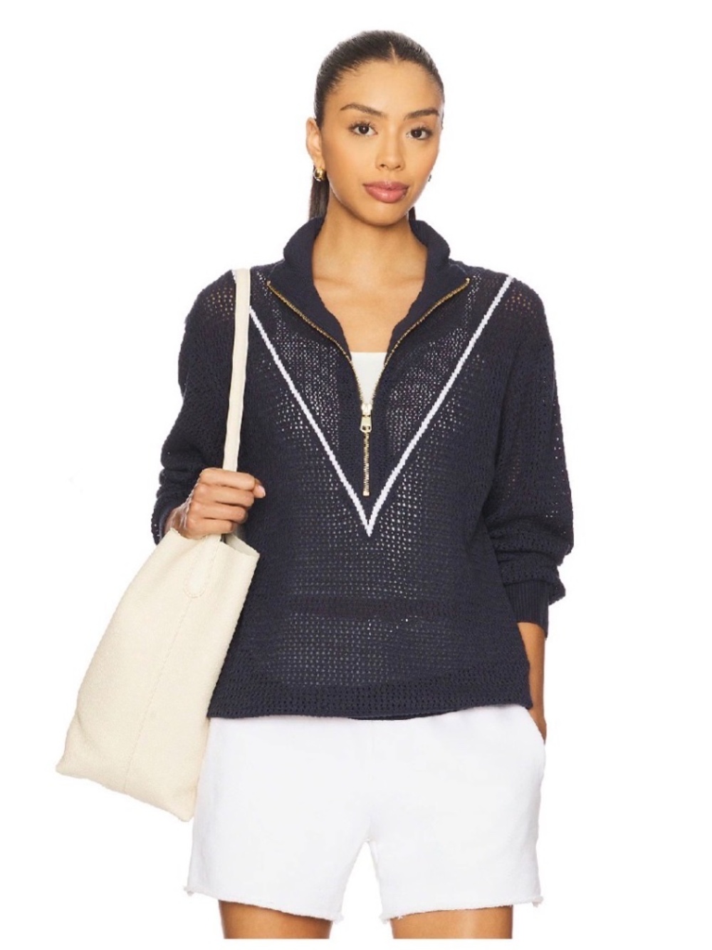 VARLEY | Calva Charcoal Half-Zip Sweater with White Trim